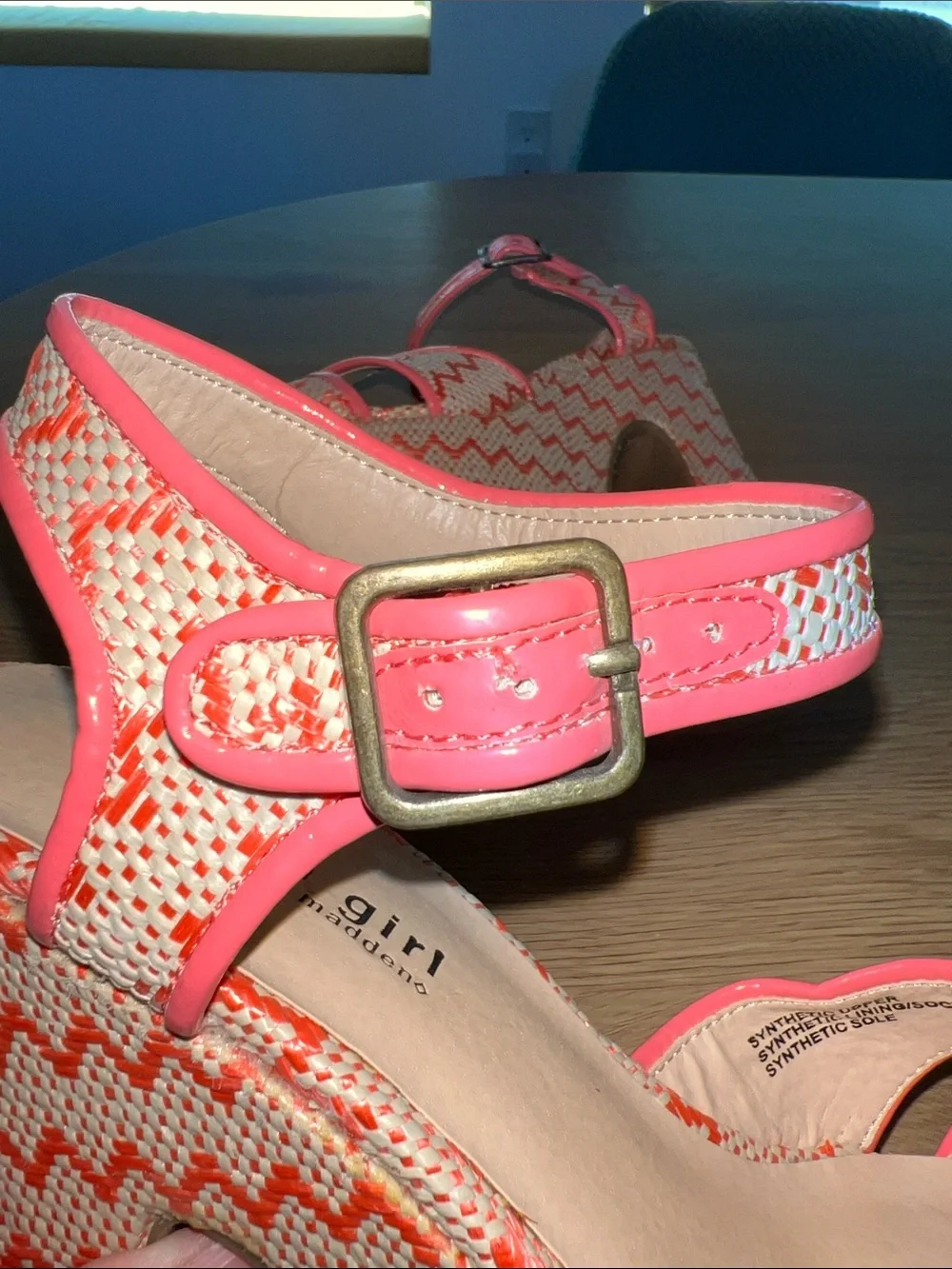 NWOB Madden Girl Coral & Cream Woven Platform Wedges with Ankle Strap
